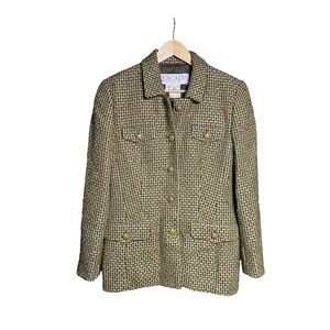 Escada Margaretha Ley Vintage Tweed Blazer Olive Green Gold Metallic Wool S 38
